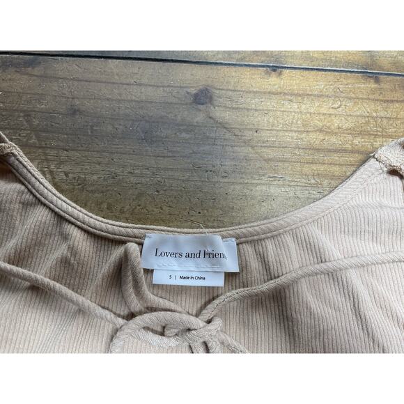 Lovers + Friends Revolve Tan Ribbed Crop Baby Tee Tie Front Size Small - Picture 3 of 8
